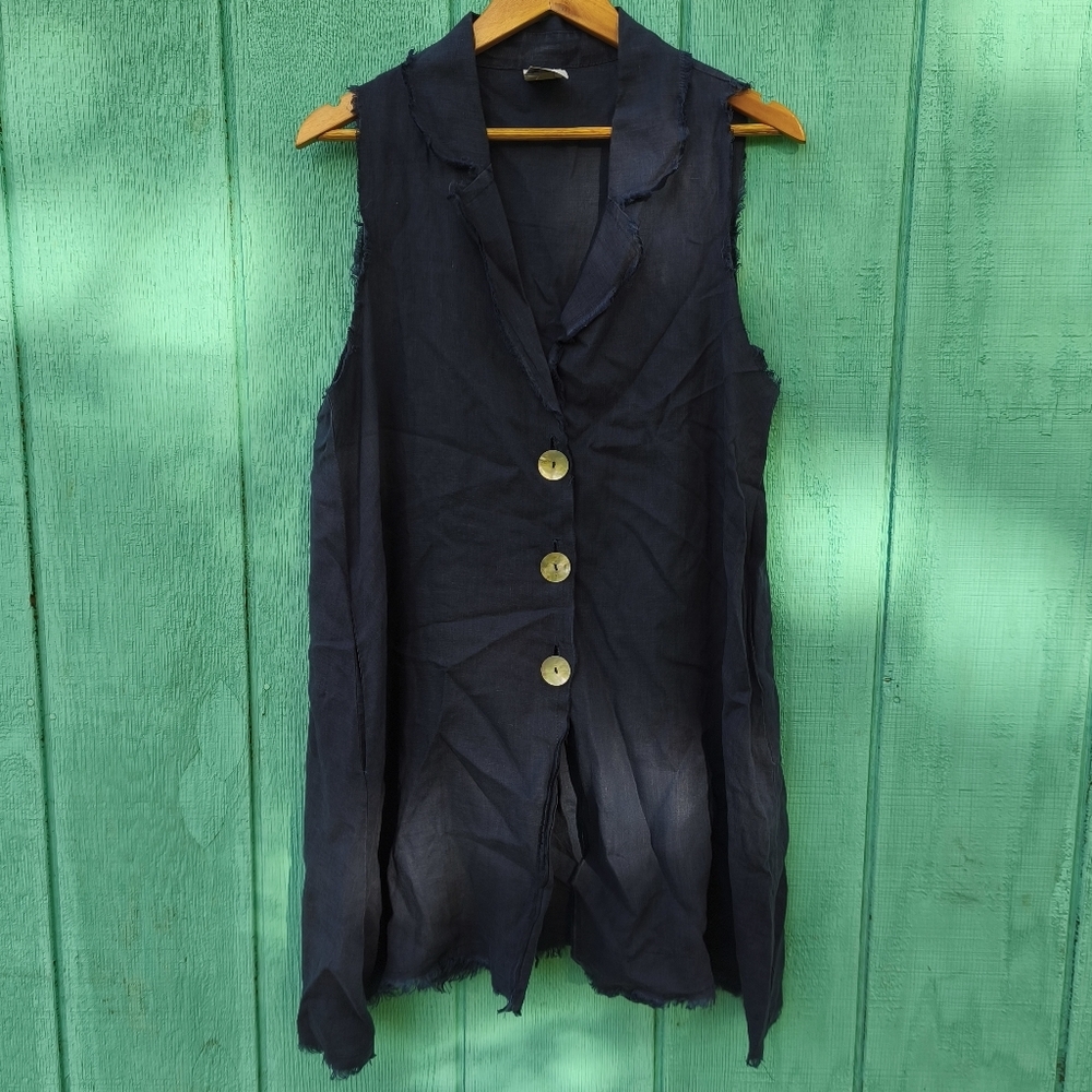 Match Point 100% Linen Longline Vest Raw Edge sz S/M Navy Coastal Lagenlook USA